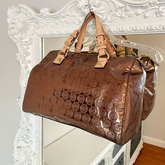 MICHAEL KORS Bronze Signature Logo Patent Leather Grayson Satchel Shoulder Bag - Picture 6 of 12